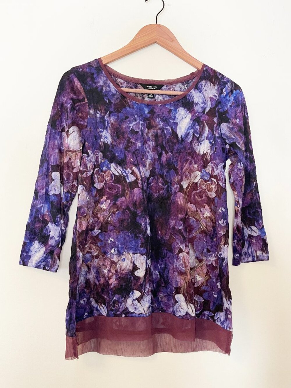 Simply Vera Wang Purple Dark Floral Tunic Top Sheer Hem 3/4 Sleeve XS Whimsigoth
